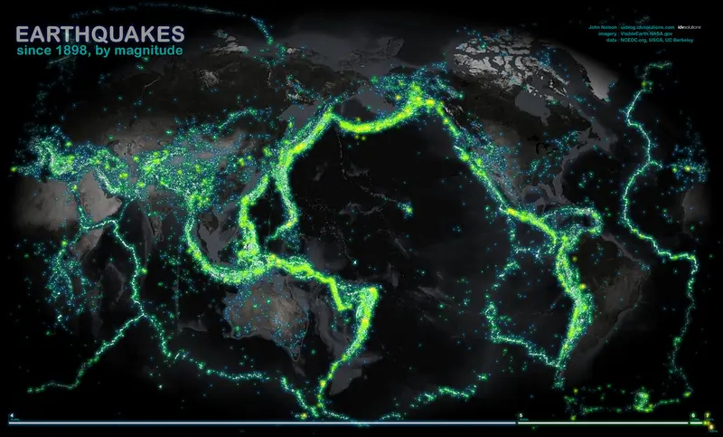 Map: Earthquakes (Land & Sea) since 1898 by Magnitude