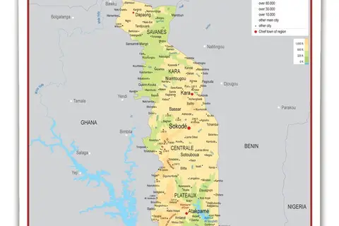 Map: Elevation map of Togo, showing towns and cities.
