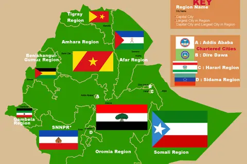 Map: Ethiopian Region Map with Capitals and Flags