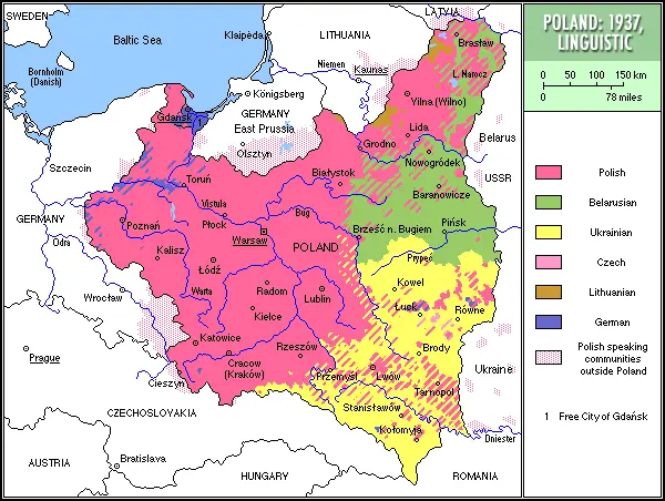 Map: Ethno-linguistic map of the Second Polish Republic, 1937