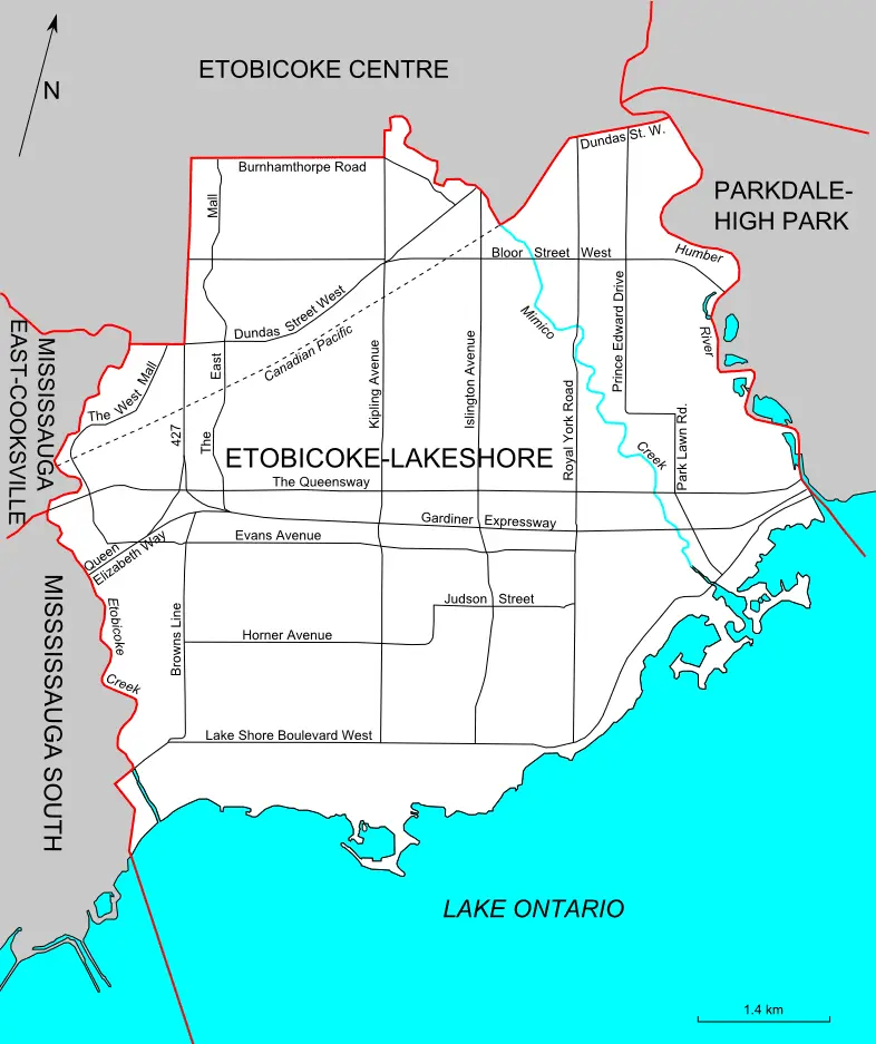 Map: Etobicokelakeshore Riding Map