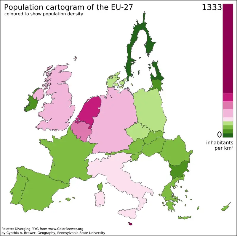Map: EU countries with size adjusted to total population and colored to show population density