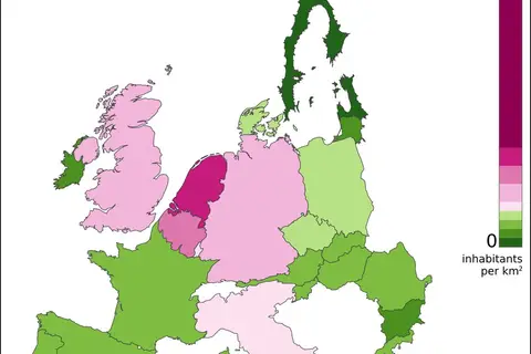 Map: EU countries with size adjusted to total population and colored to show population density