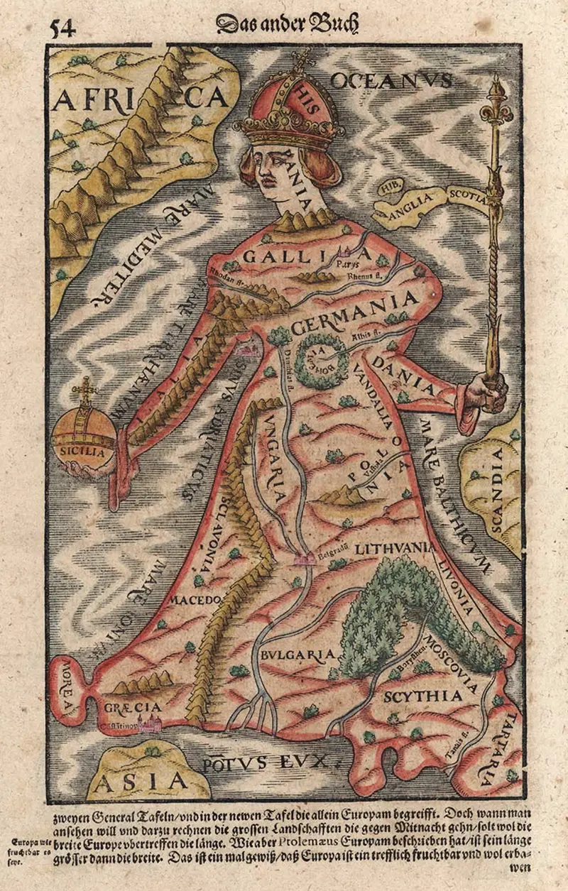 Map: Europa Regina – Europe as a Queen, by Sebastian Münster, 1570