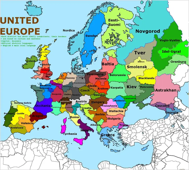 Map: Europe, divided in regions of 10 Million inhabitants