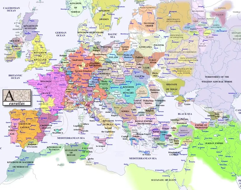 Map: Europe in 1300, looks more like modern Africa. approx.