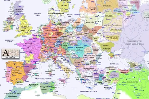 Map: Europe in 1300, looks more like modern Africa. approx.
