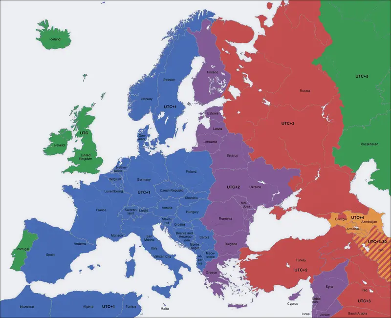 Map: Europe Time Zones Map En