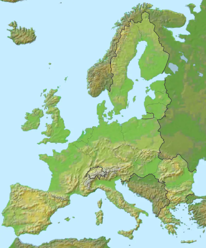 Map: European Union Color Topographic Map