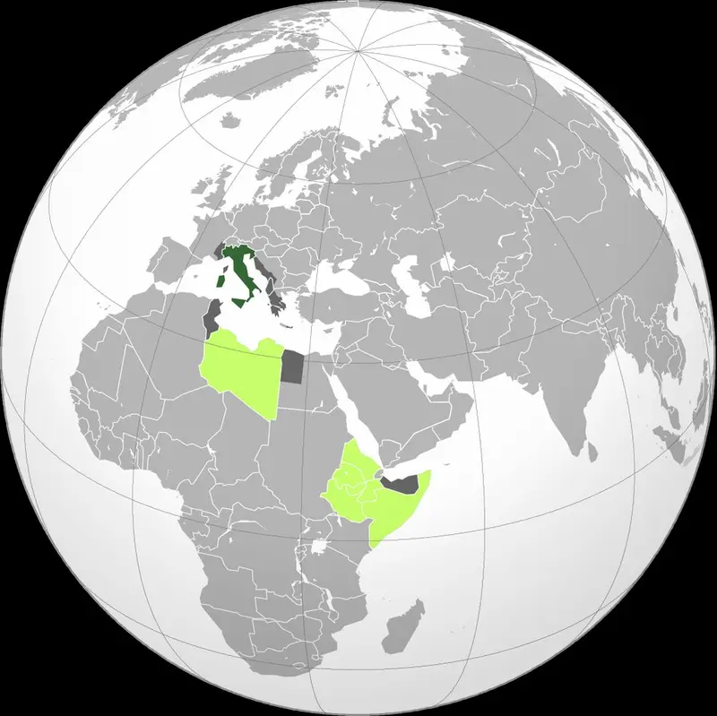 Map: Every territory controlled by the Italian Empire at some point during World War II (green – Kingdom of Italy ; lime – possessions/colonies of Italy ; dark grey -occupied territories and protectorates)