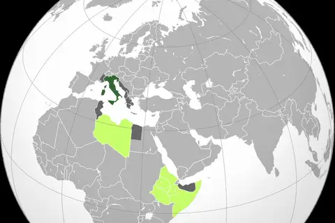 Map: Every territory controlled by the Italian Empire at some point during World War II (green – Kingdom of Italy ; lime – possessions/colonies of Italy ; dark grey -occupied territories and protectorates)