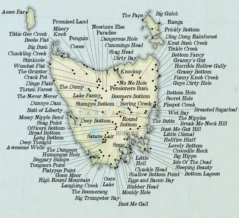 Map: Funniest, Weirdest & Rudest Place Names of Tasmania