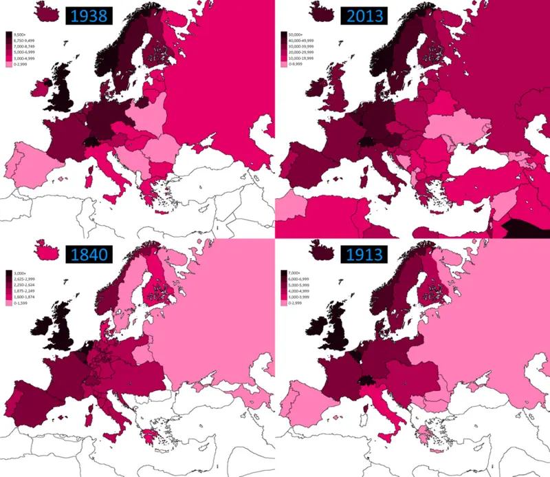 Map: GDP per Capita Europe 1840, 1913, 1938, 2013