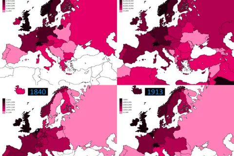 Map: GDP per Capita Europe 1840, 1913, 1938, 2013