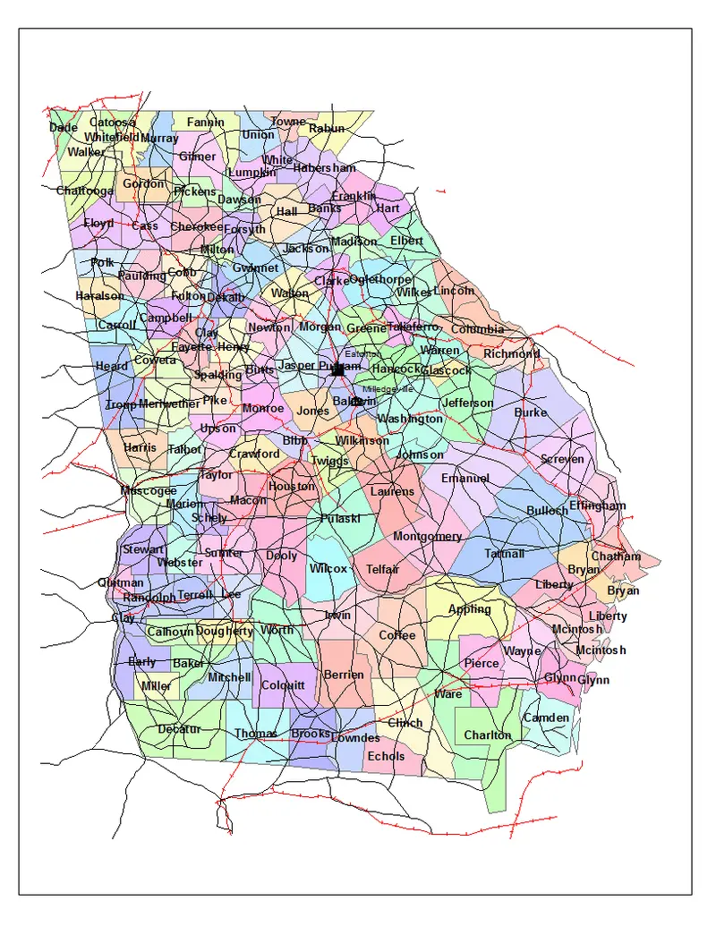 Map: Georgia 1865 County Map with Roads and Railroads
