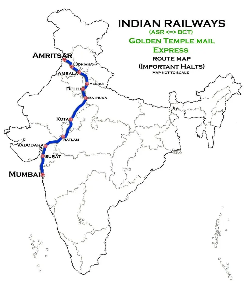 Map: Golden Temple Mail Express Amritsar Mumbai Route Map