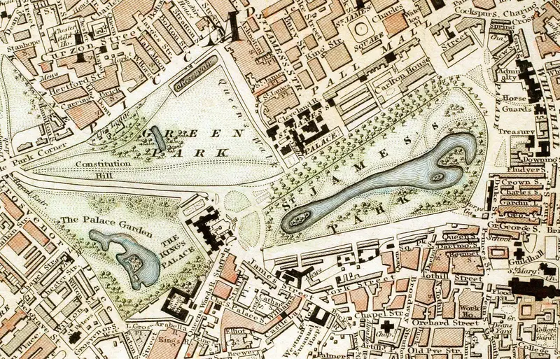 Map: Green Park and St Jamess Park London from 1833 Schmollinger Map