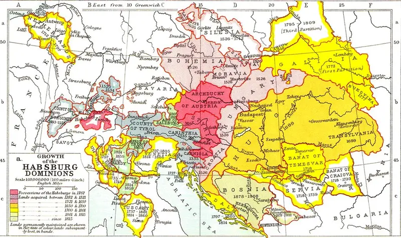 Map: Growth of Habsburg Territories in Central Europe 1282-1815
