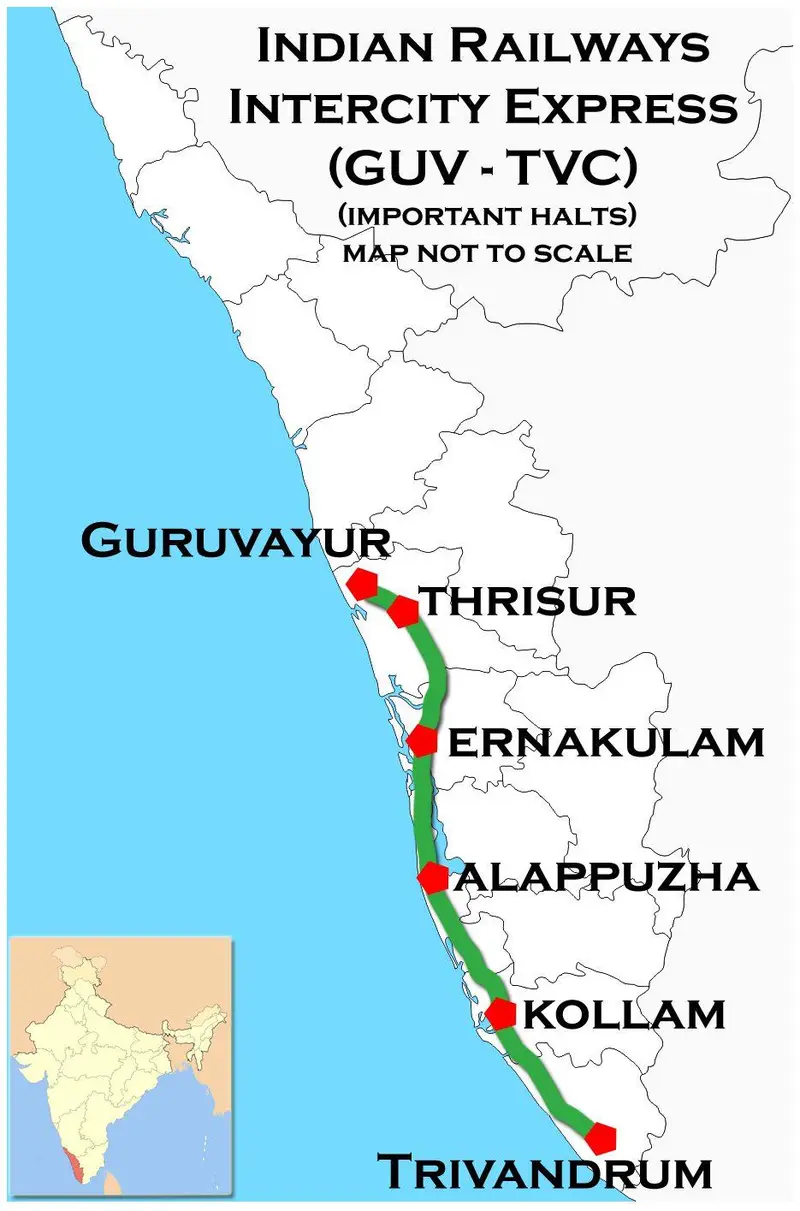 Map: Guruvayur Trivandrum Intercity Express Route Map