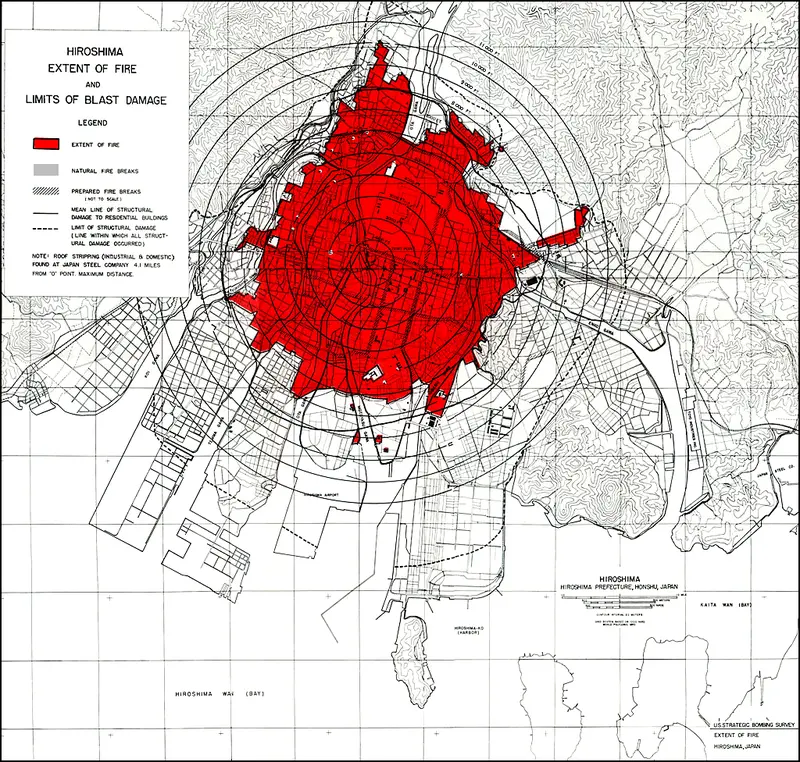 Map: Hiroshima, extent of fire and limits of blast damage