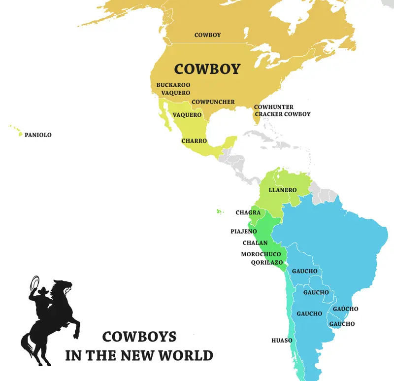 Map: How are cowboys called throughout the New World?