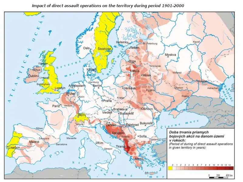 Map: Impact of direct assault operations in Europe during 1901-2001