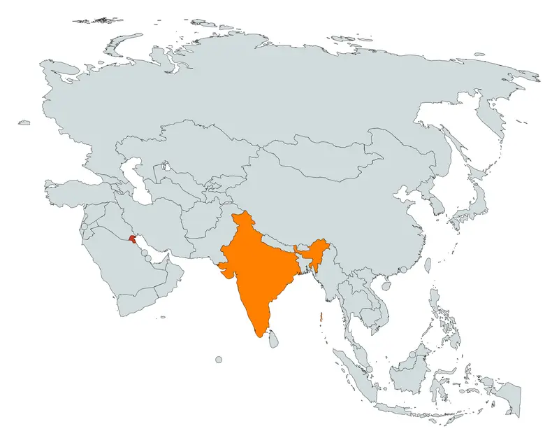 Map: India and Kuwait on Asian Map