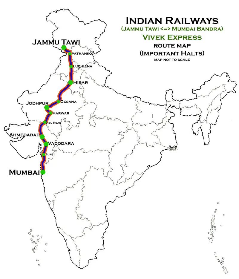 Map: Jammu Tawi Mumbai Vivek Express Route Map