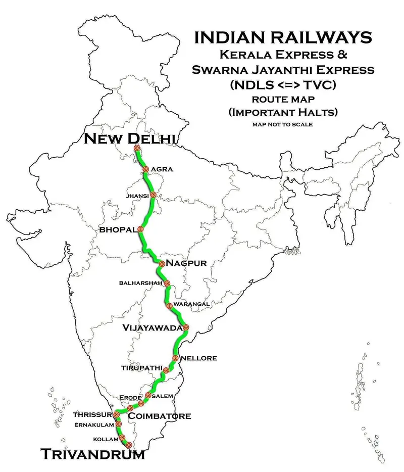 Map: Kerala Express and Swarnajayanthi Express Trivandrum New Delhi Route Map