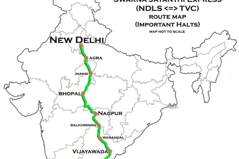 Map: Kerala Express and Swarnajayanthi Express Trivandrum New Delhi Route Map