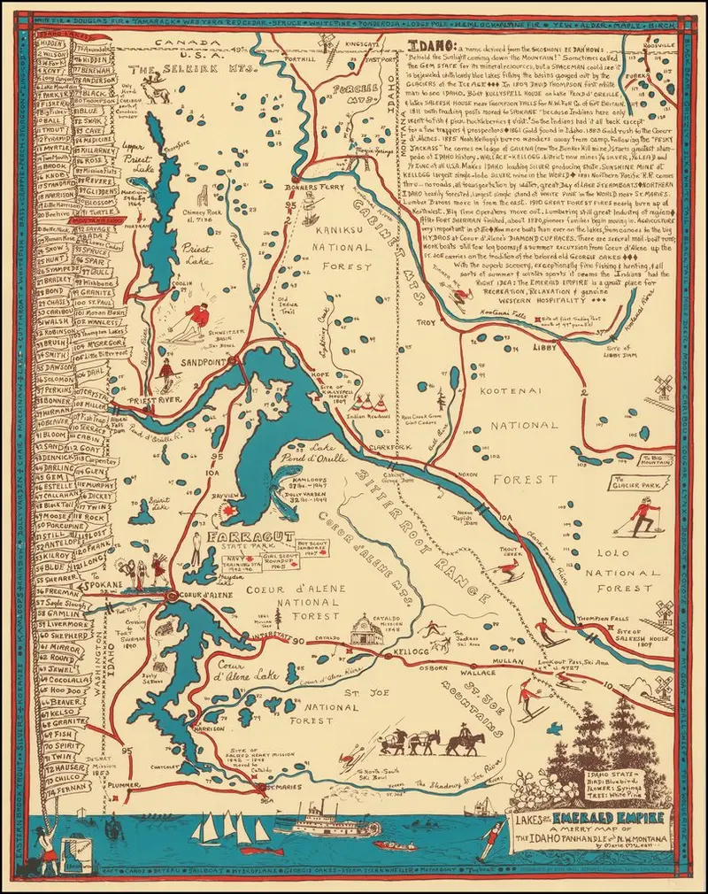 Map: Lake of the Emerald Empire : a Merry Map of the Idaho Panhandle and North West Montana. a decorative pictorial map drawn by Marie McLean, and copyrighted on March 18, 1966