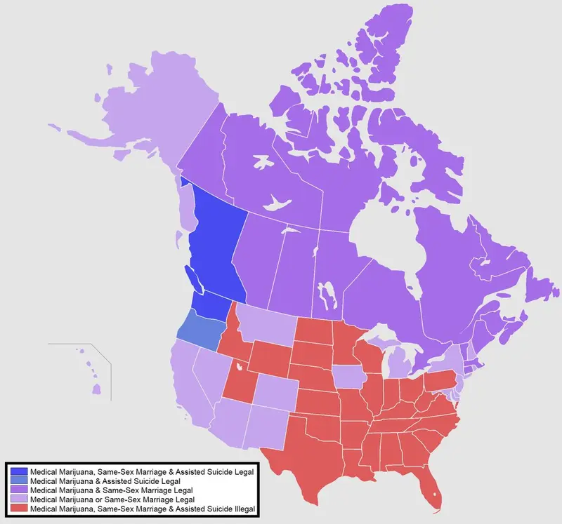 Map: Legality of Medical Marijuana, Same-Sex Marriage & Assisted Suicide in the US & Canada