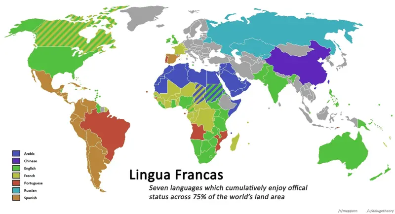 Map: ‘Lingua Francas’ – Seven Languages Which Cumulatively Enjoy Official Status Across 75% of the World’s Land Area