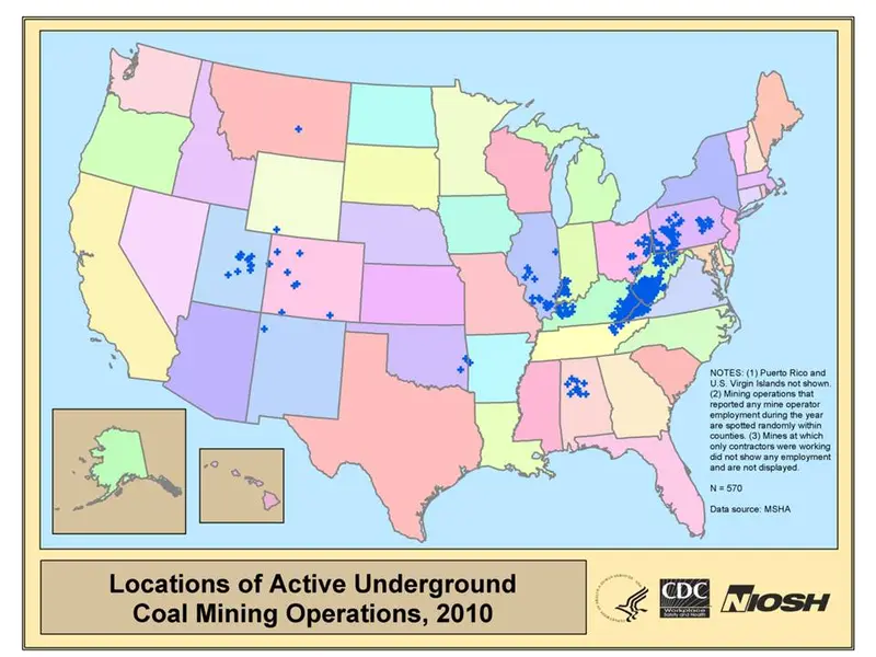Map: Locations of Active Underground Coal Mines in the US, 2010.