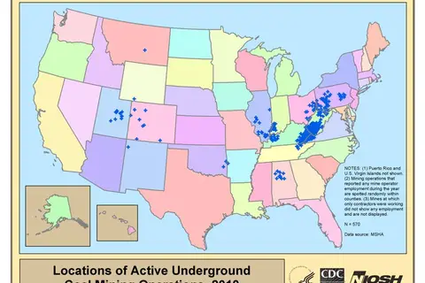 Map: Locations of Active Underground Coal Mines in the US, 2010.