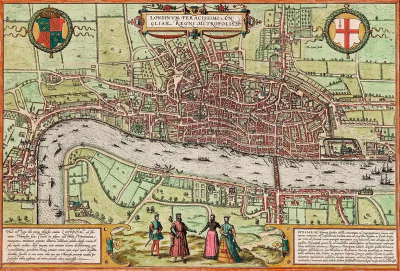 Map: London, England, 1572. Thought to be the first printed map of London (by Georg Braun and Franz Hogenberg). London Bridge was the only river crossing at the time this map was produced