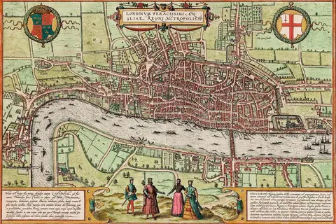 Map: London, England, 1572. Thought to be the first printed map of London (by Georg Braun and Franz Hogenberg). London Bridge was the only river crossing at the time this map was produced