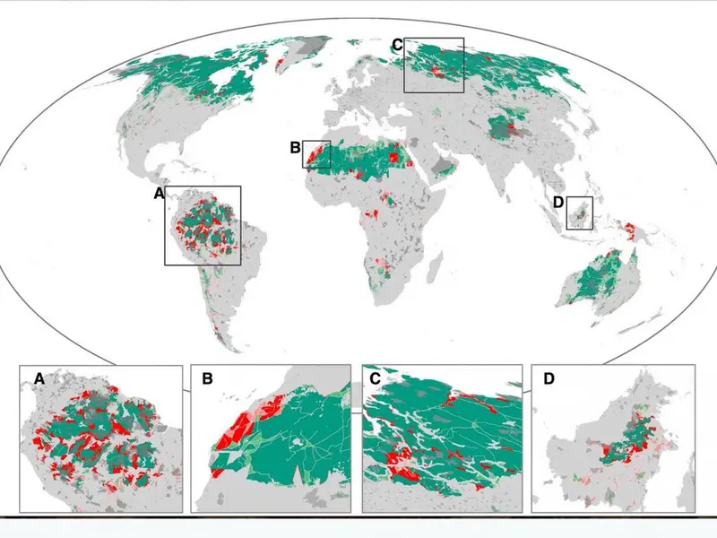 Map: Loss of wilderness areas in the past two decades. Green: current extent of wilderness areas, Red: former extent of wilderness areas, Dark grey: protected areas.