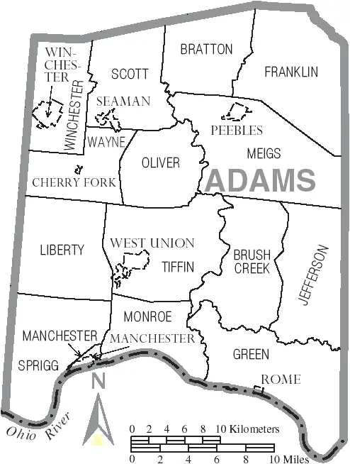 Map: Map of Adams County Ohio with Municipal and Township Labels