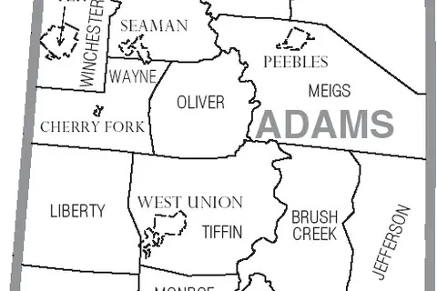 Map: Map of Adams County Ohio with Municipal and Township Labels