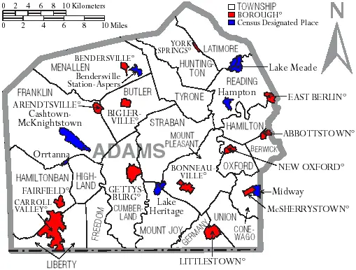 Map: Map of Adams County Pennsylvania with Municipal and Township Labels