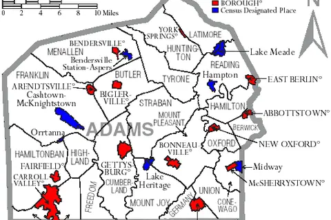 Map: Map of Adams County Pennsylvania with Municipal and Township Labels