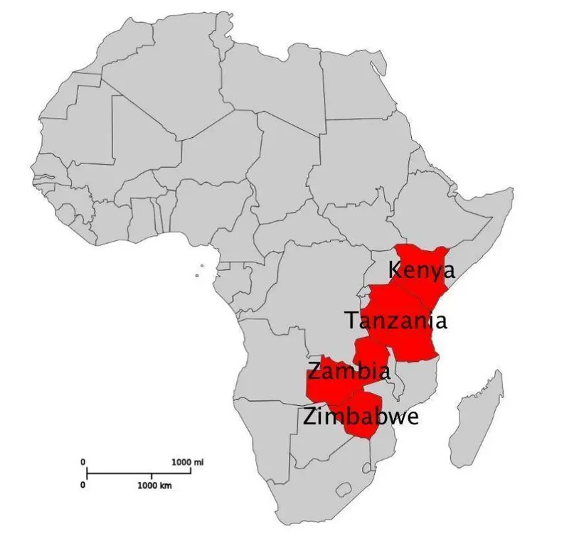 Map: Map of Africa Kenya Tanzania Zambia Zimbabwe