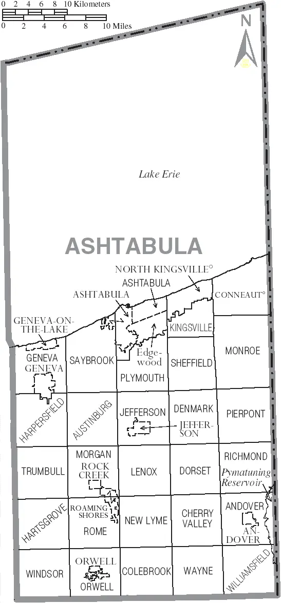 Map: Map of Ashtabula County Ohio with Municipal and Township Labels