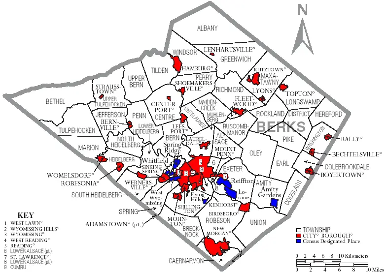 Map: Map of Berks County Pennsylvania with Municipal and Township Labels