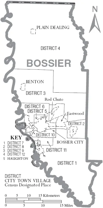 Map: Map of Bossier Parish Louisiana with Municipal and District Labels