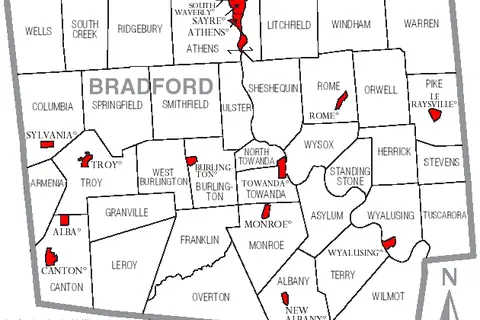 Map: Map of Bradford County Pennsylvania with Municipal and Township Labels
