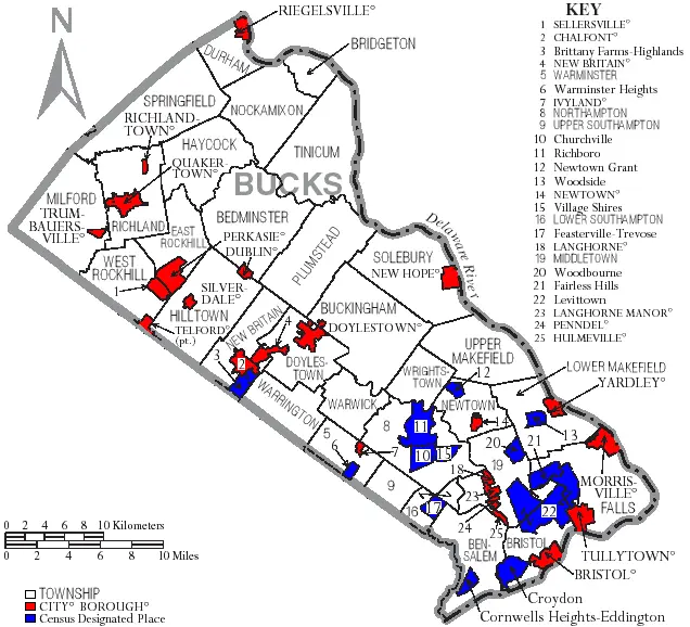 Map: Map of Bucks County Pennsylvania with Municipal and Township Labels
