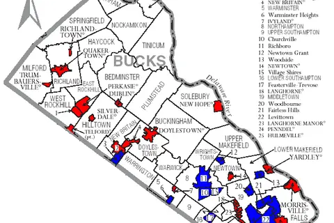 Map: Map of Bucks County Pennsylvania with Municipal and Township Labels