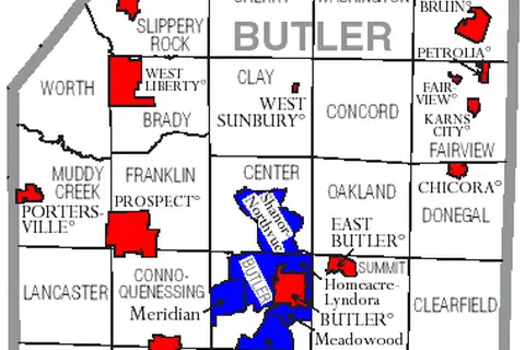Map: Map of Butler County Pennsylvania with Municipal and Township Labels